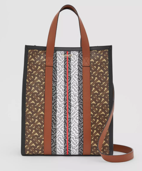 Burberry Monogram Stripe E-Canvas Portrait Tote Bag Bridle Brown